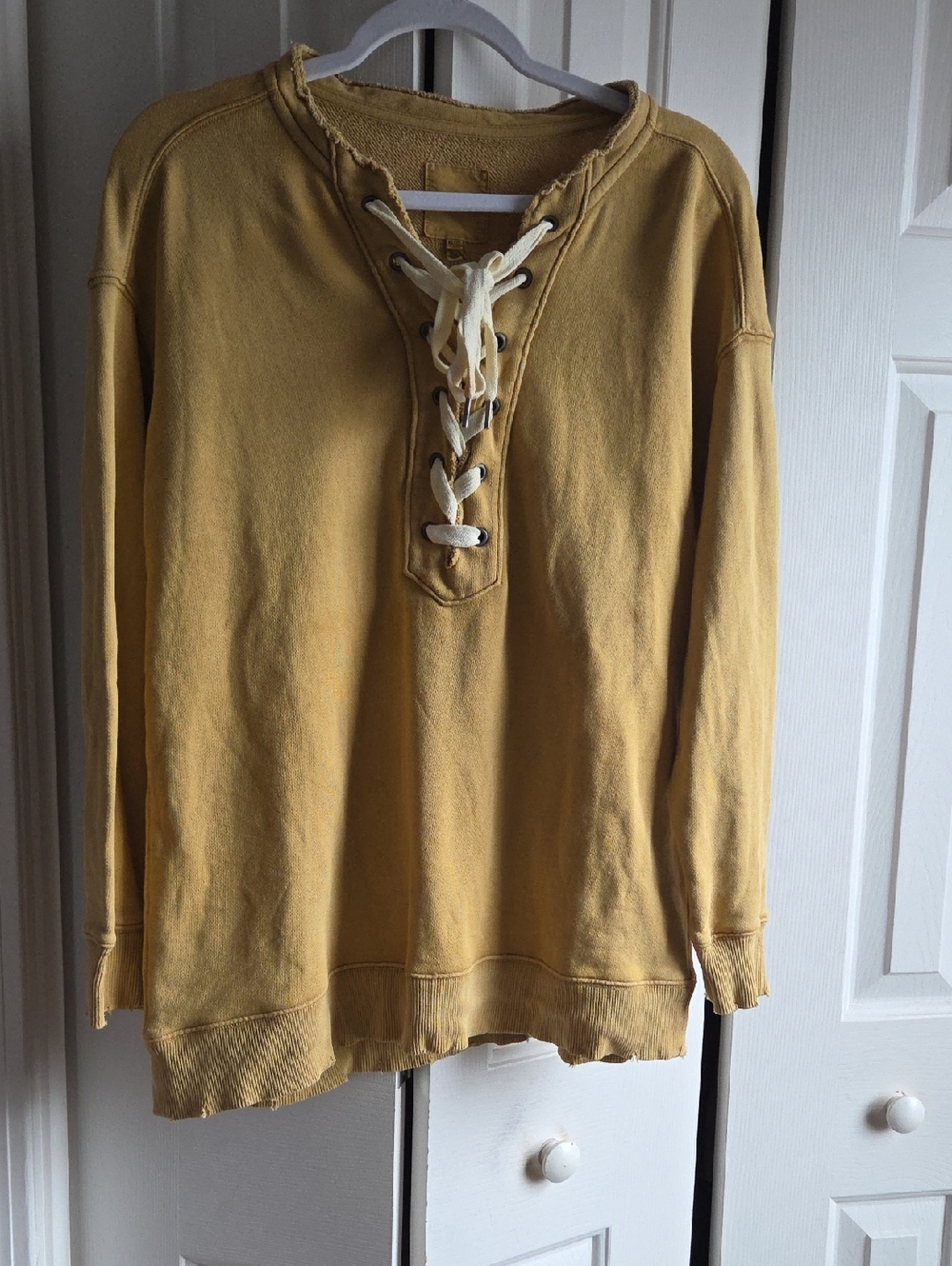 Aerie Lace-Up Pullover Sweatshirt in Mustard Yellow